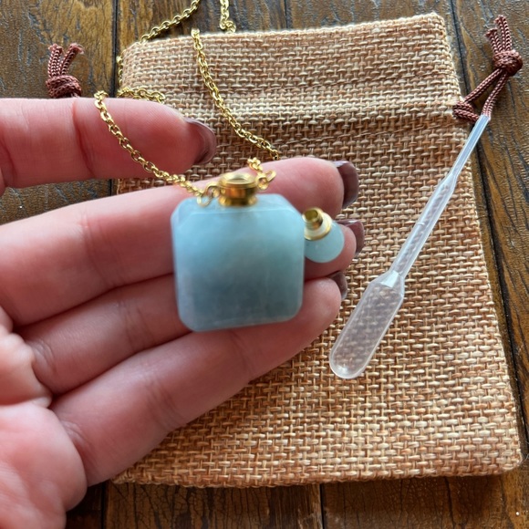 Aquamarine Perfume Bottle Aquamarine Bottle Necklace Gold Perfume Necklace - Picture 2 of 3